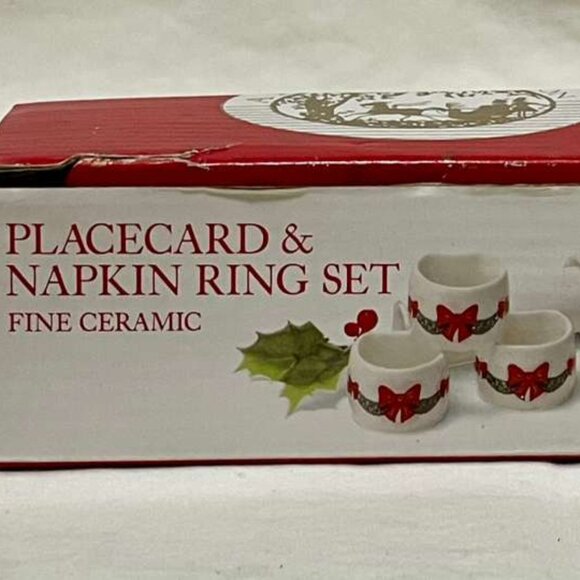 Vintage 1980s Hostess “Christmas Bows & Boughs” Ceramic Napkin Ring & Place Card - Picture 1 of 9